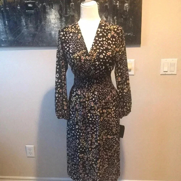 NWT Rachel Roy Pretty Black Floral Midi Dress w/Elastic Waist-Size 6 - Picture 1 of 8